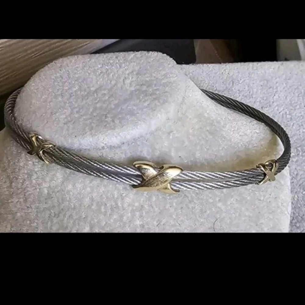Milor 14k Yellow Gold Xs X's Stainless Steel Cable Bracelet Tennis Italy - Picture 3 of 9